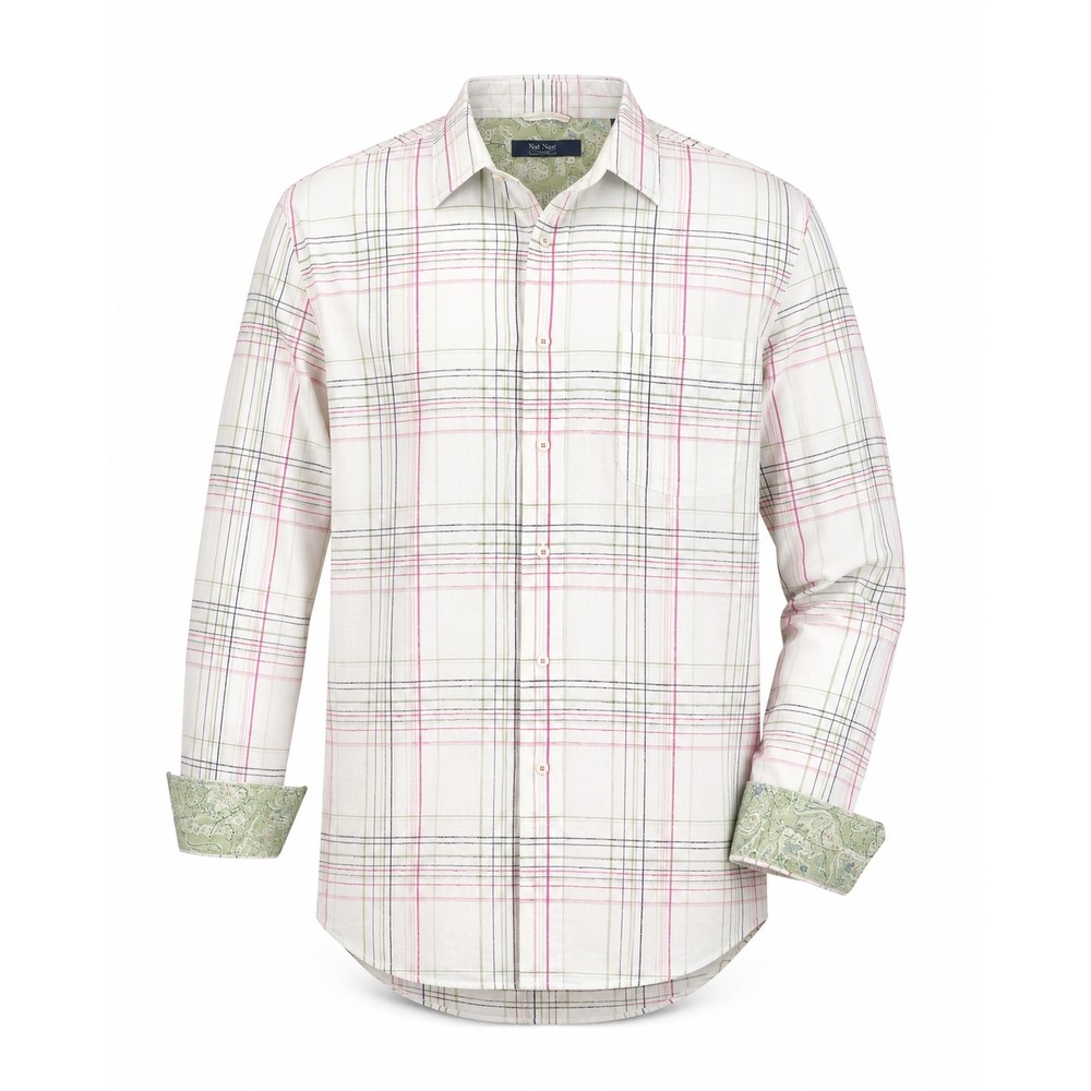 Nat Nast Luxury Originals Mens L Bermuda Green Plaid Jacquard Shirt Paisley Cuff